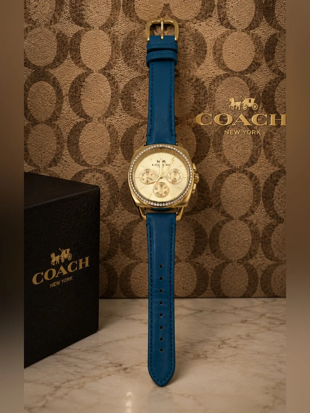Coach Gold Plated Blue Leather Strap Swarovski Crystal Womens Boyfriend Watch